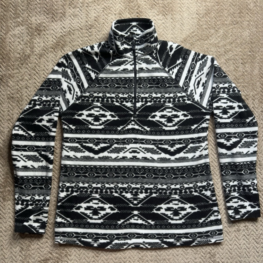 Eddie Bauer Pullover Womens Small Black Aztec Southwest Fleece‎ Sweater 1/4 Zip